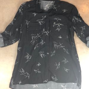 Zara Birds Blouse With Roll Up Sleeves